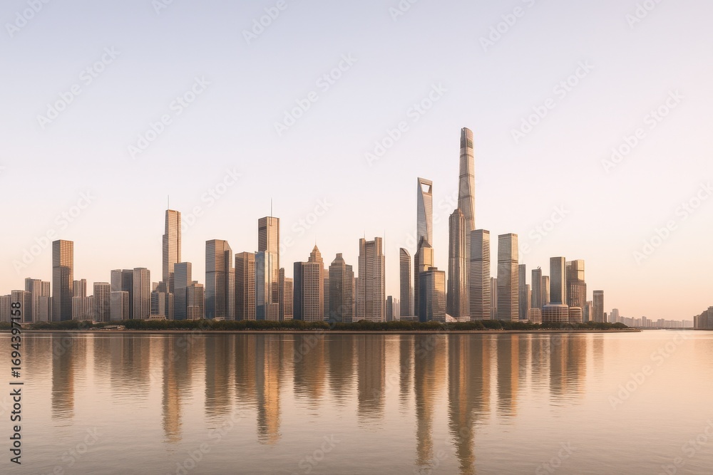 Fototapeta premium Modern Cityscape Reflection at Sunset: Urban Skyline of Skyscrapers Along Calm River in Downtown