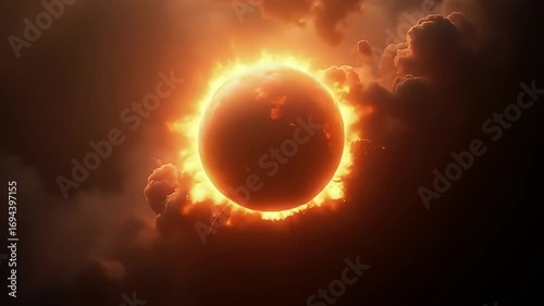 Glowing sun in space clouds