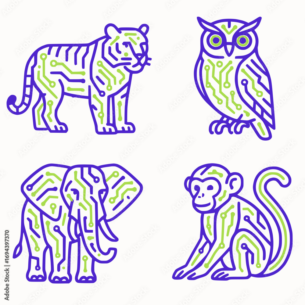Fototapeta premium Cyber jungle animals with neon circuits in purple and lime two-color vector flat scalable white background