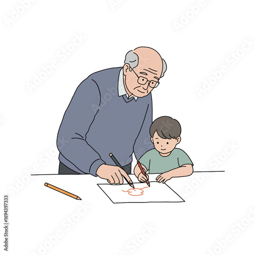 Grandfather Teaching Grandson to Draw.