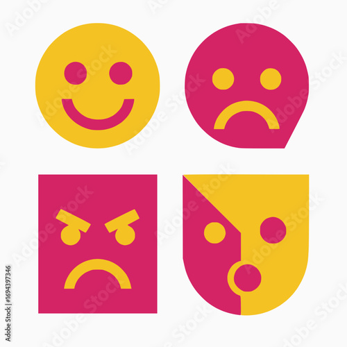 Abstract geometric faces showing mixed emotions in magenta and yellow two-color vector minimal white background
