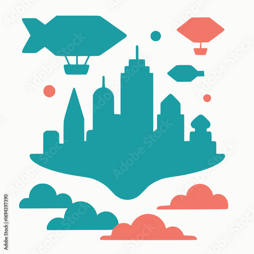 Futuristic floating city with geometric airships in turquoise and coral two-color vector minimal white background geometric rounded sans-serif style