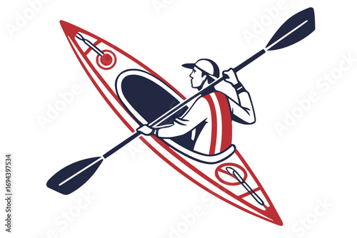 Flat vector illustration of a kayak with paddle, minimal sporty design, bold solid color, white background