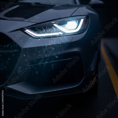 The powerful glowing headlight of a modern sports vehicle driving on a wet asphalt road during a rainy night