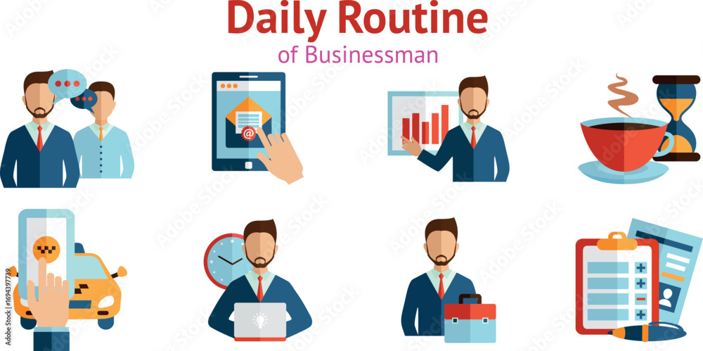 Fototapeta premium Vector set of businessman daily routine icons isolated on white background, work life activity symbol illustration
