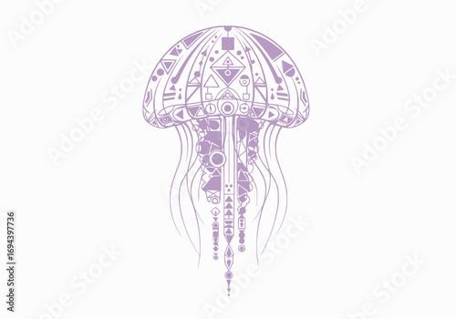 Fantasy jellyfish with glowing geometric patterns in purple and lime two-color vector minimal white background