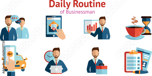 Vector set of businessman daily routine icons isolated on white background, work life activity symbol illustration