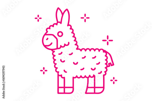 Pink outline donkey style pinata sits happily with shiny shapes around it