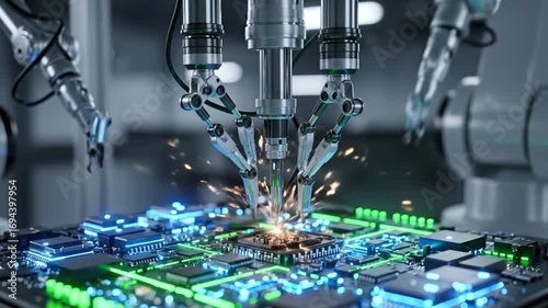 Robotic Arm Assembling Futuristic Circuit Board