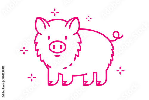 Pink outline drawing showcases a charming pig with a cute curly tail and stars
