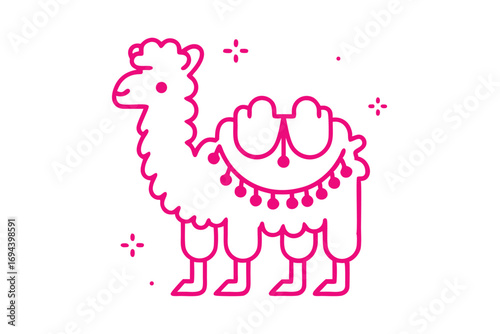 Pink outline drawing shows a cartoon llama wearing an ornate saddle blanket on white