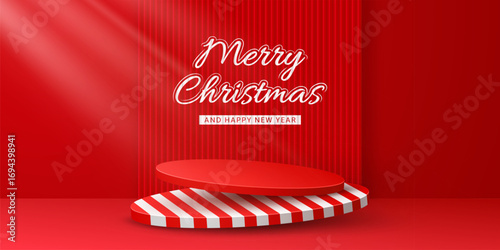 Christmas podium stage. 3d vector round platforms featuring a lower base decorated in white and red candy cane like diagonal stripes against red background for festive presentation and holiday events