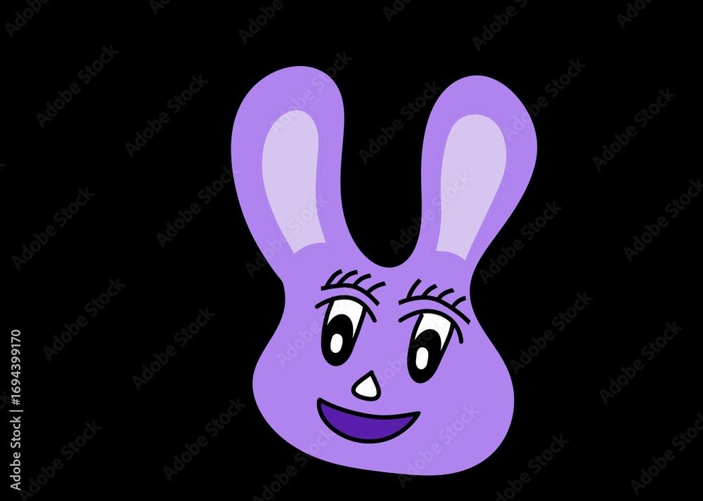 Obraz premium Cute purple bunny cartoon illustration with big ears and happy face. Perfect for kids’ design, stickers, wall art, t-shirts, and digital projects.