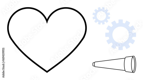 Heart shape alongside gears and telescope reflecting love, teamwork, and visionary ideas. Ideal for innovation, relationships, exploration, creative teamwork, technology, vision and partnerships