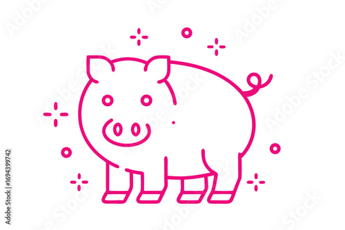 Pink outline of a cute pig is standing amidst festive sparkle icons