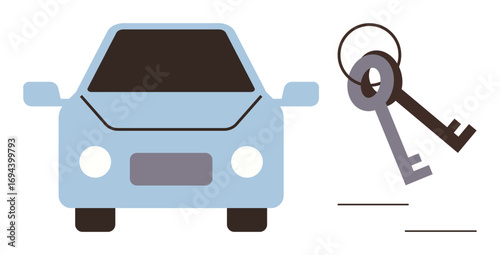 Blue automobile with a pair of antique-style keys emphasizes vehicle access, security, ownership, and mobility. Ideal for transportation, security, driving, car rental, automobile service auto
