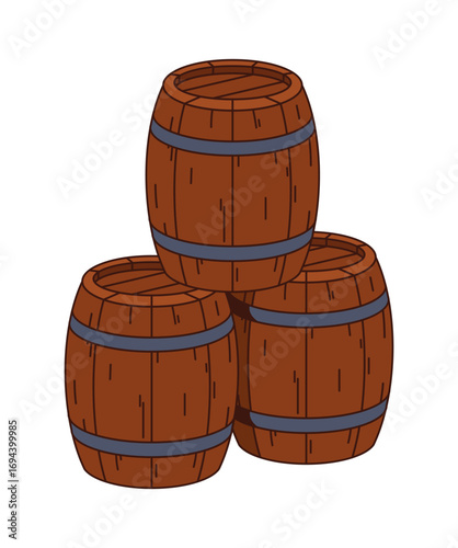 Cartoon groovy three pirate and corsair stacked wooden barrels with metal bands. Isolated vector wood rustic storage. Pub or bar brewery cylindrical casks for storing rum, gunpowder, gold or provision