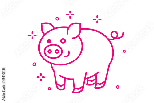 Pink outline presents a playful piglet surrounded by stars and circles on white