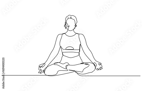 Continuous one line drawing of Woman sitting in lotus pose yoga vector illustration. Editable outline