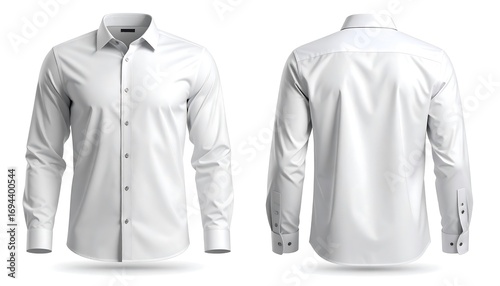 Elegant White Long-Sleeved Dress Shirt Displayed Front and Back on White