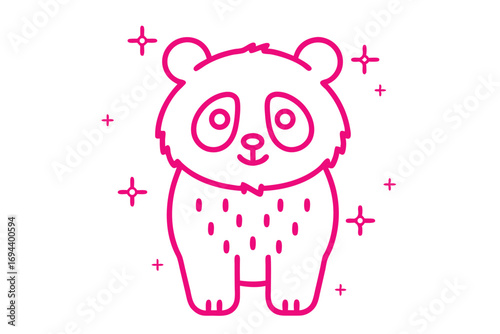 Pink outline style drawing shows adorable panda bear surrounded by sparkling cross shapes