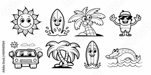 Collection of cute cartoon summer beach vacation characters and elements for coloring