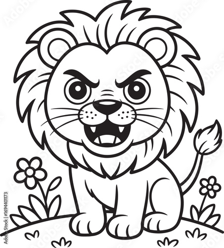 Cartoon lion with mane sitting in grass with flowers animal illustration
