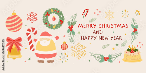 Merry christmas and happy new year greeting with festive holiday elements and santa claus illustration