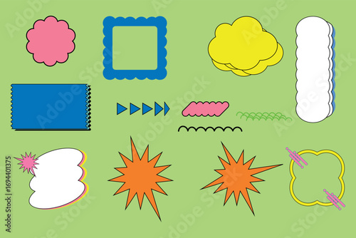 Colorful abstract shapes with black outline scattered on light green background creates a vibrant style