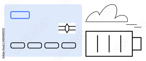 Credit card and battery represent financial transactions, storage, and energy. Cloud symbolizes online connectivity. Ideal for banking, fintech, digital payments, online security, cloud computing