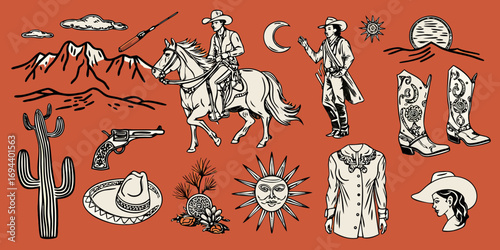 Vintage western cowboy and cowgirl elements collection with horse cactus gun and boots