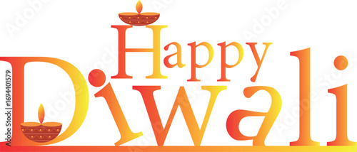 Gradient happy diwali text with lamp icons atop letters set on a transparent backdrop