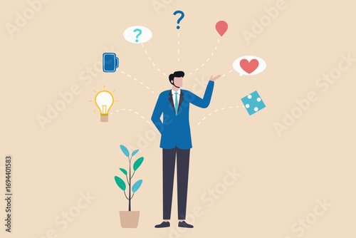 Businessman contemplating various life choices and opportunities with icons representing ideas questions and emotions