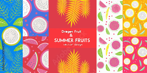 Vibrant summer fruits pattern design featuring dragon fruit watermelon and citrus slices