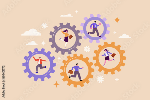 Diverse business people running inside interconnected gears representing teamwork and corporate synergy