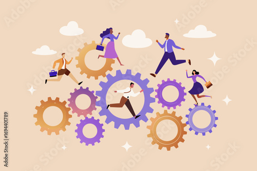 Diverse business professionals running on interconnected gears symbolizing teamwork and corporate progress