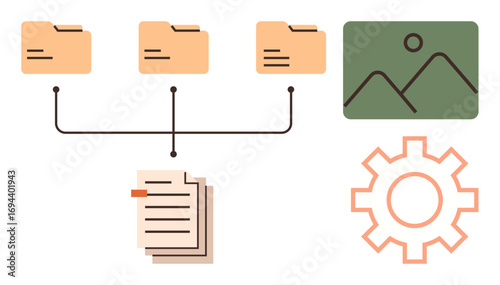 Three folders connected to documents and imagery via nodes, with a cogwheel representing system automation. Ideal for data organization, workflow, archiving, project planning, digital management