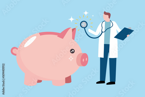 Doctor with stethoscope checking on a healthy pink piggy bank with dollar sign and sparkles