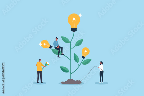 People nurturing a plant that grows light bulbs representing ideas and innovation