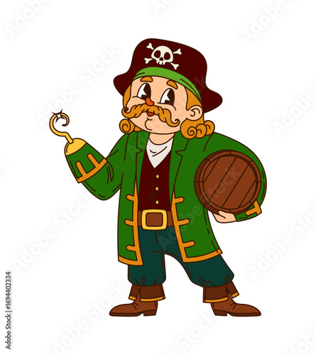Caribbean pirate and corsair, cartoon groovy character. Retro captain with a hand hook and carrying wooden barrel. Isolated vector sea sailor personage exudes swashbuckling y2k adventurer hippie vibe