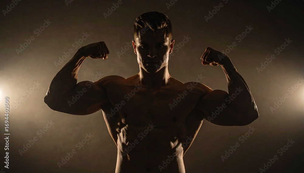 custom made wallpaper toronto digitalSilhouette of a powerful and muscular male bodybuilder flexing his bicep muscles in a dark, smoky studio with dramatic backlighting, embodying strength and determination