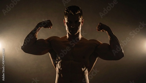 Silhouette of a powerful and muscular male bodybuilder flexing his bicep muscles in a dark, smoky studio with dramatic backlighting, embodying strength and determination