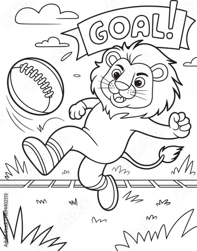 Cartoon lion playing American football kicking a goal sport
