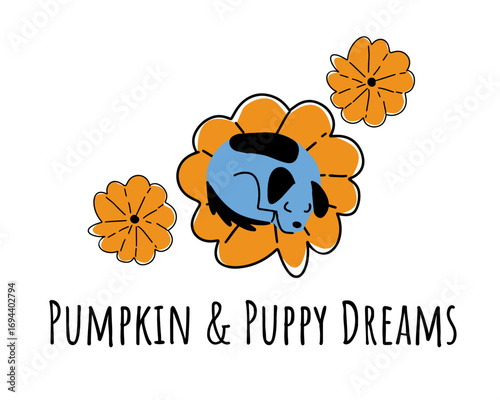 Adorable fall illustration: puppy napping on pumpkin with “Pumpkin & Puppy Dreams” text. Perfect for cozy autumn designs.