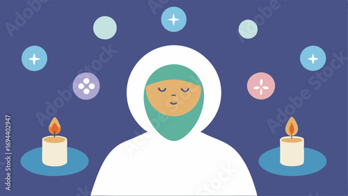 Comforting Aromatherapy A cozy setting with a person wearing a sheet mask accompanied by scented candles and essential oils with subtle exosome icons above to highlight their