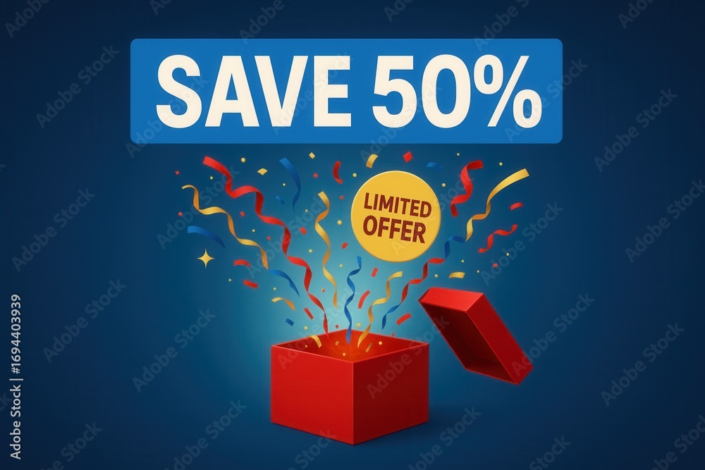 Naklejka premium Save 50% with a limited offer promotion banner, festive flat style, vibrant retail discount appeal.