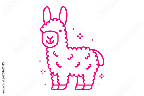 Pink outlined fluffy llama illustration with decorative accents around it standing on a plain white background