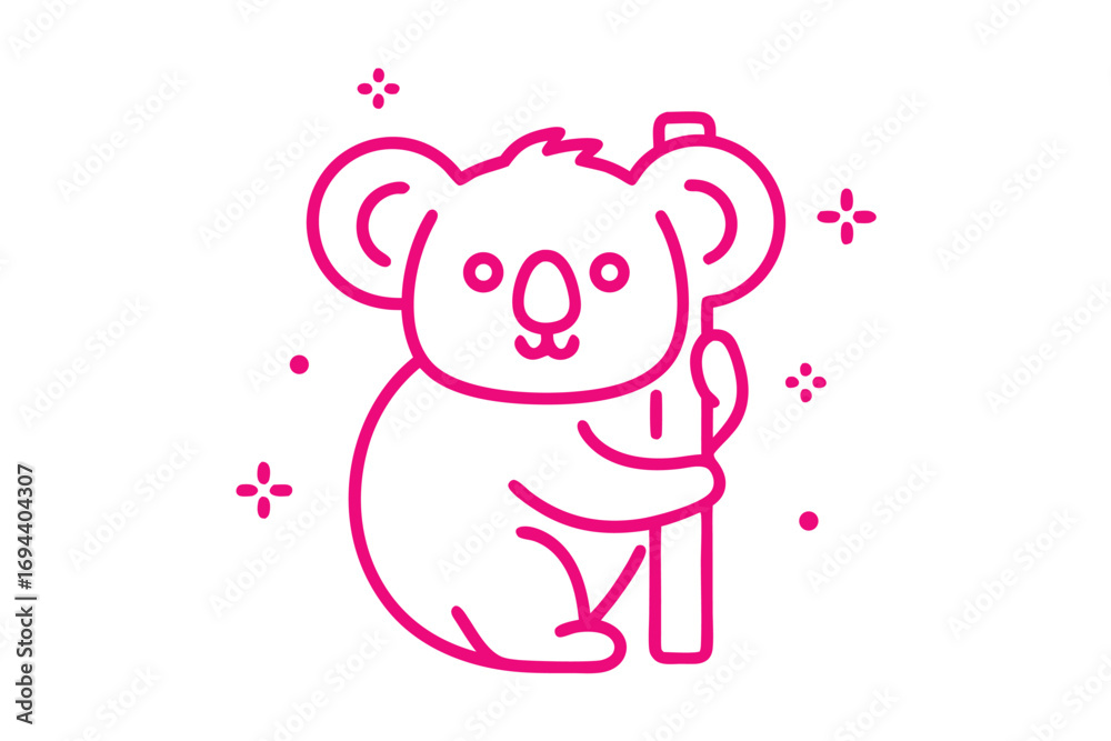 Fototapeta premium Pink outlined koala clings to a small log amidst sparkling and dotted accents, evoking charm