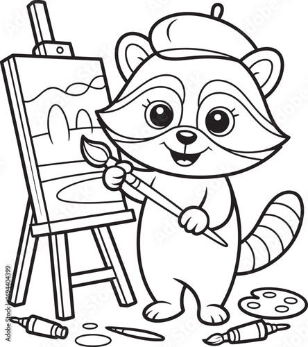 Cartoon raccoon artist painting on easel with beret and art supplies vector