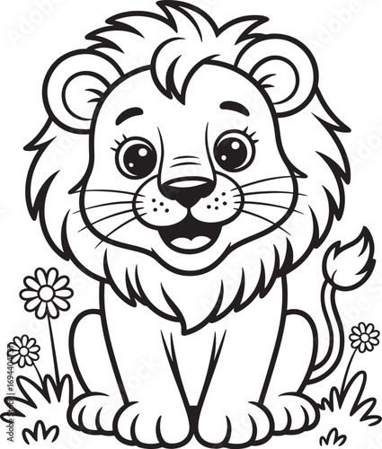 Cute cartoon lion cub sitting with flowers and grass animal illustration